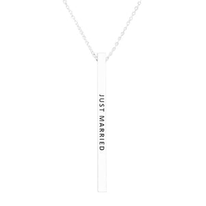 Rhodium Just Married Metal Bar Pendant Necklace. Make a statement with these just married message Necklace, very easy to put on, take off and so comfortable for daily wear. Pair these with tee and jeans and you are good to go. It will be your new favorite go-to accessory. Perfect Birthday gift, friendship day, Mother's Day, Graduation Gift.
