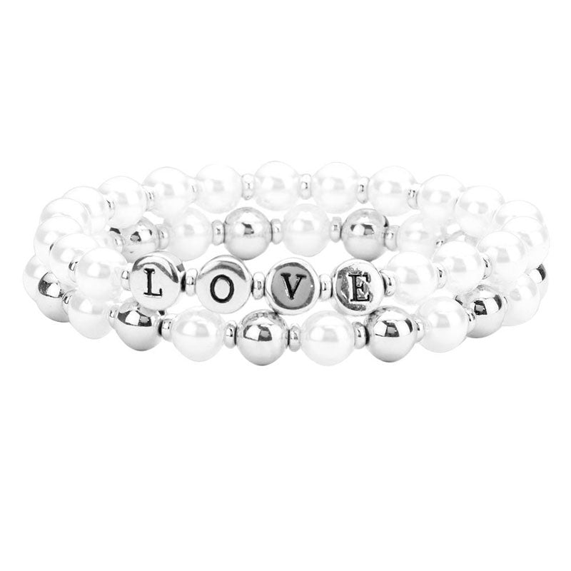 Rhodium LOVE Pearl Metal Ball Stretch Message Bracelets. Look like the ultimate fashionista with these bracelets! Add something special to your outfit this Valentine! special It will be your new favorite accessory. Perfect Birthday Gift, Anniversary Gift, Mother's Day Gift, Graduation Gift, Valentine's Day Gift.