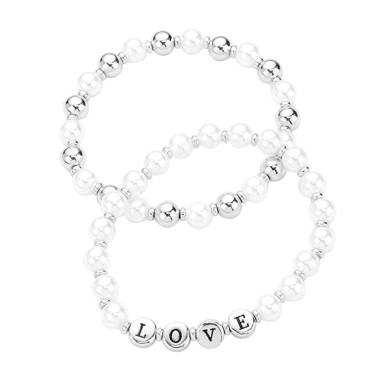 Rhodium LOVE Pearl Metal Ball Stretch Message Bracelets. Look like the ultimate fashionista with these bracelets! Add something special to your outfit this Valentine! special It will be your new favorite accessory. Perfect Birthday Gift, Anniversary Gift, Mother's Day Gift, Graduation Gift, Valentine's Day Gift.