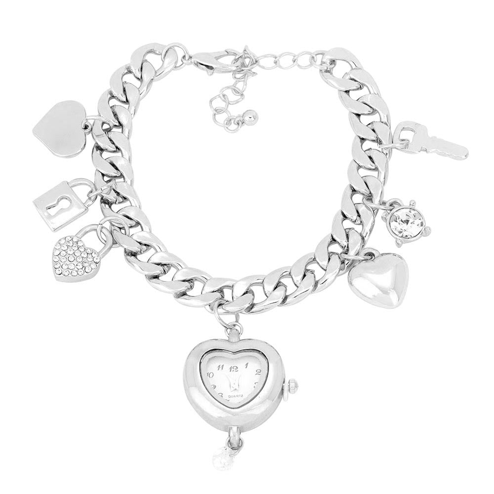 Rhodium Lock Heart Watch Key Charm Station Bracelet Watch, get ready with these Station bracelets to show your trendy choice and make you look awesome on special occasions. Put on a pop of color to complete your ensemble with a gorgeous look. Perfect for adding just the right amount of shimmer & shine and a touch of class to special events. Perfect Birthday Gift, Anniversary Gift, Mother's Day Gift, Graduation Gift.