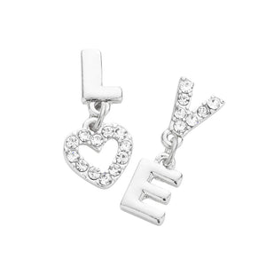 Rhodium Love Rhinestone Message Unbalanced Dangle Earrings, These gorgeous Rhinestone pieces will show your class on any special occasion. Wear these lovely earrings to make you stand out from the crowd & show your trendy choice this valentine. The fashion jewelry offers a classy look for a romantic night out on the town and makes a thoughtful gift for Valentine's Day. Lightweight & easy to wear.