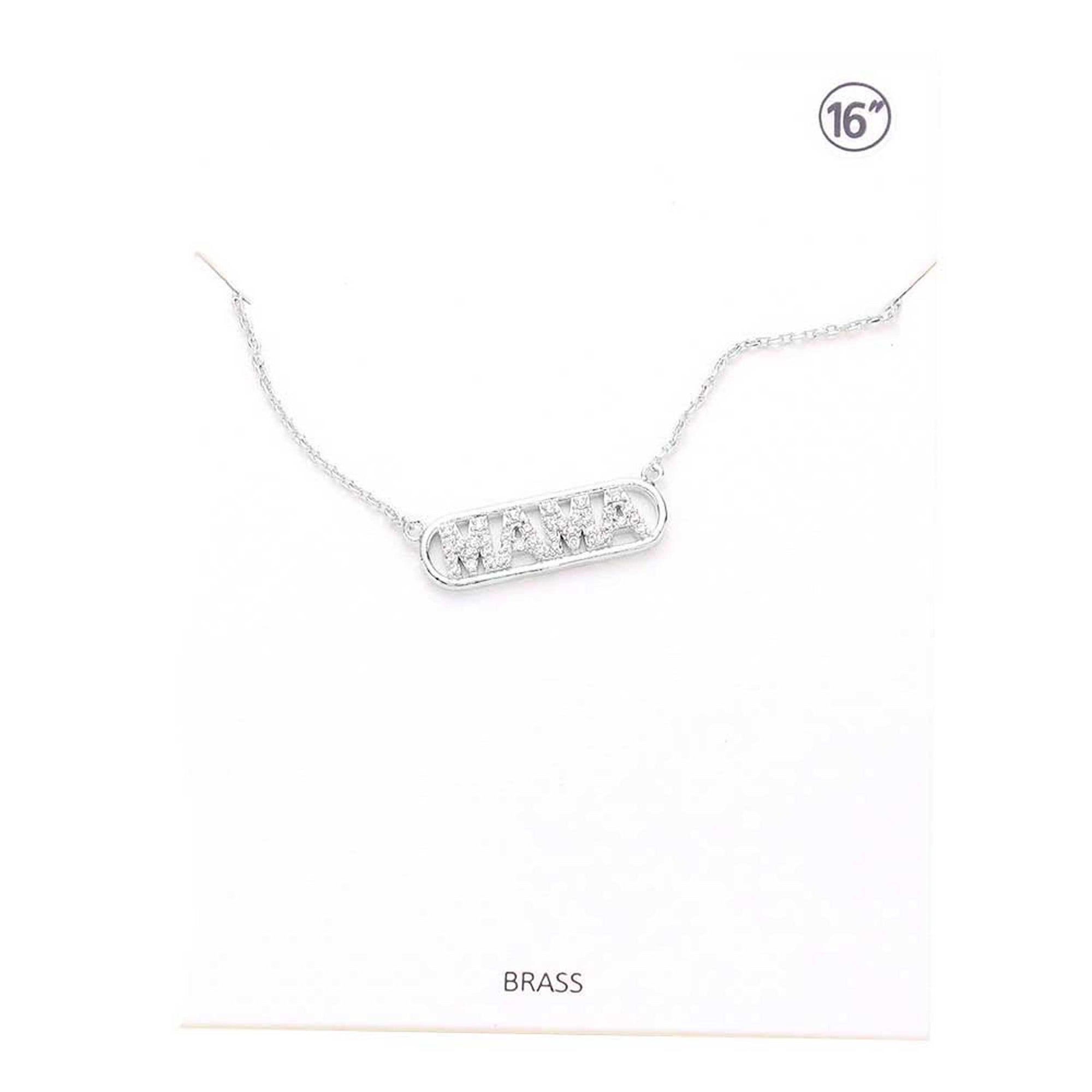 Rhodium MAMA Brass Metal Rhinestone Embellished Message Pendant Necklace. Make a statement with these message Necklace, very easy to put on, take off and so comfortable for daily wear. Pair these with tee and jeans and you are good to go. It will be your new favorite go-to accessory. Perfect Birthday gift, friendship day, Mother's Day, Graduation Gift.