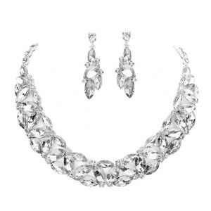 Rhodium Marquise Stone Cluster Evening Necklace. These gorgeous stone pieces will show your class in any special occasion. The elegance of these stone goes unmatched, great for wearing at a party! Perfect jewelry to enhance your look. Awesome gift for birthday, Anniversary, Valentine’s Day or any special occasion.