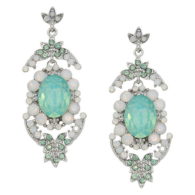 Rhodium Mint Opal Oval bubble crystal rhinestone evening earrings. Get ready with these bright earrings, put on a pop of color to complete your ensemble. Perfect for adding just the right amount of shimmer & shine and a touch of class to special events. Perfect Birthday Gift, Anniversary Gift, Mother's Day Gift, Graduation Gift.