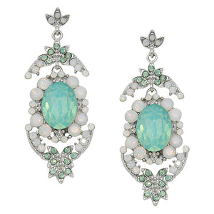 Rhodium Mint Opal Oval bubble crystal rhinestone evening earrings. Get ready with these bright earrings, put on a pop of color to complete your ensemble. Perfect for adding just the right amount of shimmer & shine and a touch of class to special events. Perfect Birthday Gift, Anniversary Gift, Mother's Day Gift, Graduation Gift.