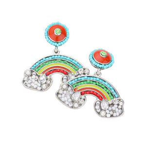 Rhodium Multi Pearl Seed Bead Embellished Rainbow Dangle Earrings. These gorgeous pearl pieces will show your class in any special occasion. The elegance of these pearl goes unmatched, great for wearing at a party! Perfect jewelry to enhance your look. Awesome gift for birthday, Anniversary, Valentine’s Day or any special occasion.