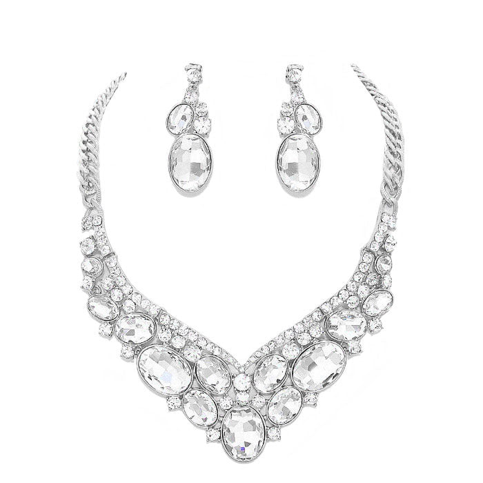Rhodium Oval Glass Crystal Evening Necklace, Glass Statement Crystal stunning jewelry set will sparkle all night long making you shine out like a diamond. make a stylish addition to your fashion necklace and jewelry collection. put on a pop of color to complete your ensemble. perfect for a night out on the town or a black tie party, Perfect Gift, Birthday, Anniversary, Prom, Mother's Day Gift, Wedding, Bridesmaid etc.