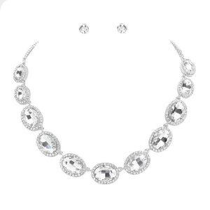 Rhodium Oval Stone Link Evening Necklace, this gorgeous jewelry set will show your class on any special occasion. The elegance of these stones goes unmatched, great for wearing on any special occasion! Stunning jewelry set will sparkle all night long making you shine like a diamond on special occasions.