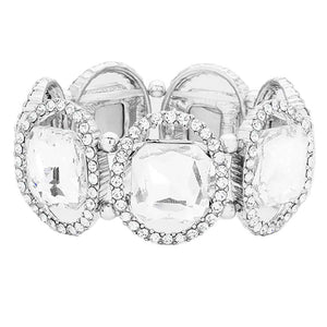 Rhodium Pave Oval Trim Glass Crystal Stretch Evening Bracelet, is a glowing and sparkling beauty that is perfect to show off your glowing look and enrich your beauty to a greater extent. Wear this beauty to add a gorgeous glow to your special outfit at weddings, wedding showers, receptions, anniversaries, and other special occasions.