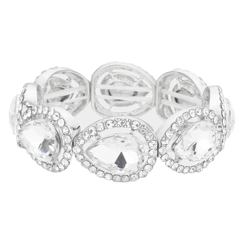 Rhodium Pave Teardrop Trim Glass Crystal Stretch Evening Bracelet, is a beautiful addition to your perfect choice to represent your perfect class and gorgeousness on any special occasion. Make the day special with the glowing beauty of this awesome Crystal Stretch Evening Bracelet. Wear this beauty to add a gorgeous glow to your special outfit at weddings, wedding showers, receptions, anniversaries, and other special occasions.