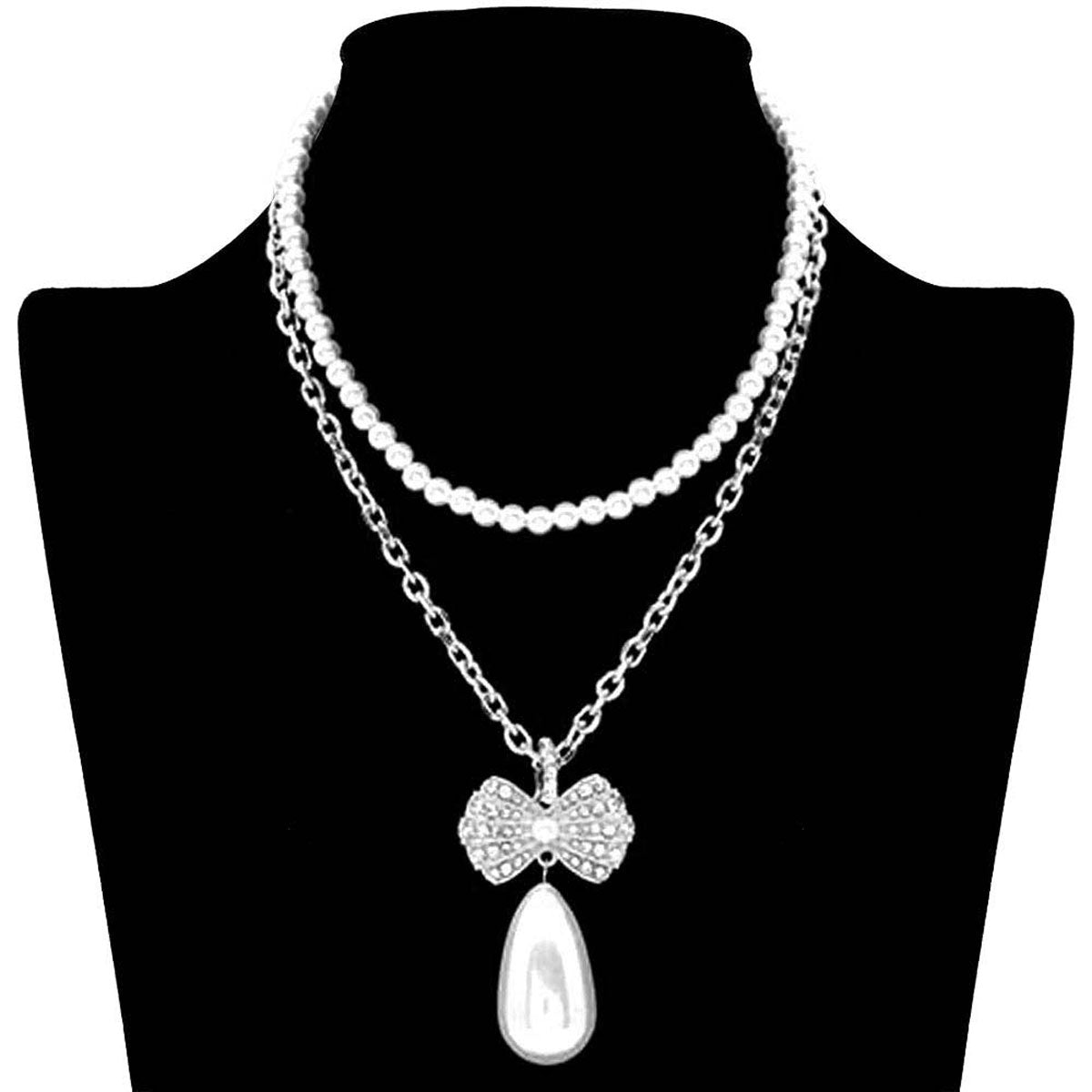 Rhodium Pearl Chain Rhinestone Pave Ribbon Dangle Pendant Necklace, a fashionable and glowing accessory to your outfits. Suitable for most of the outfits that bring compliments. Glowing pearl adds a gorgeous stylish glow to any outfit in style. Jewelry that fits your lifestyle and amps up your confidence! Adds a touch of inspired beauty to your look. Perfect Birthday Gift, Mother's Day Gift, Anniversary Gift, Graduation Gift, Prom Jewelry, Valentine's Day Gift, Thank you, Gift.