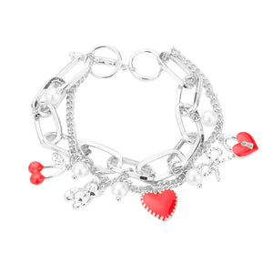 Rhodium Pearl Cherry Bear Heart Bow Lock Charm Station Double Layered Toggle Bracelet. Beautifully crafted design adds a gorgeous glow to any outfit. Jewelry that fits your lifestyle! Perfect Birthday Gift, Anniversary Gift, Mother's Day Gift, Anniversary Gift, Graduation Gift, Prom Jewelry, Just Because Gift, Thank you Gift.