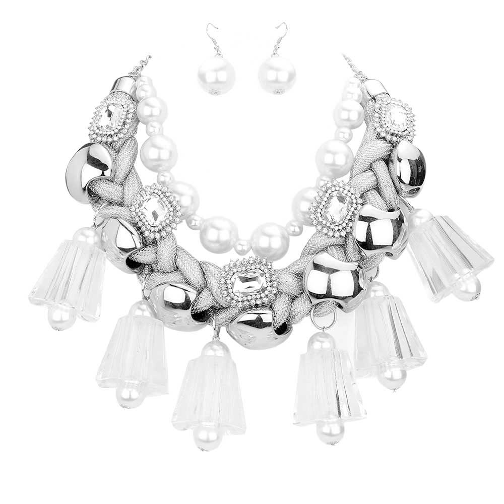 Rhodium Pearl Chunky Lucite Cord Braided Statement Necklace. These gorgeous Pearl pieces will show your class in any special occasion. The elegance of these pearl goes unmatched, great for wearing at a party! Perfect jewelry to enhance your look. Awesome gift for birthday, Anniversary, Valentine’s Day or any special occasion.