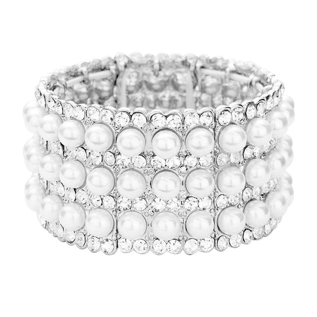 Rhodium Pearl Rhinestone Crystal Stretch Evening Bracelet, is beautifully designed with pearl crystal rhinestone that amps up your beauty to a greater extent and makes you look special on special occasions. Show your confidence and trendy choice with this beauty and complete your ensemble with a luxurious look. Perfect for adding just the right amount of shimmer & shine and a touch of class to special events.