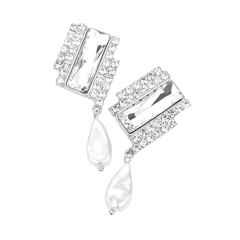 Rhodium Rectangle Stone  Freshwater Pearl Dangle Evening Earrings. Look like the ultimate fashionista with these Earrings! Add something special to your outfit ! It will be your new favorite accessory. Perfect Birthday Gift, Anniversary Gift, Mother's Day Gift, Graduation Gift, Prom Jewelry, Just Because Gift, Thank you Gift.