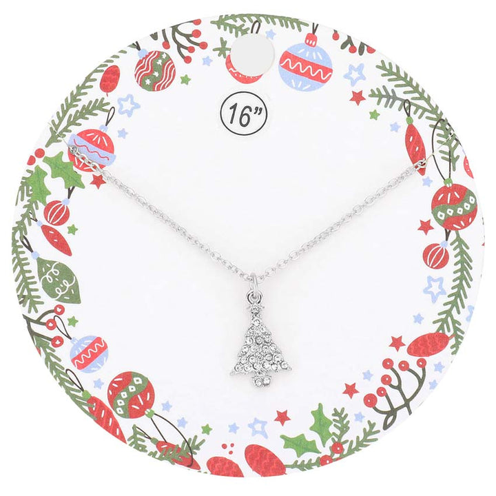 Rhodium Rhinestone Embellished Christmas Tree Pendant Necklace, Let the Christmas season begin with this beautiful Rhinestone Pendant Necklace. Be the ultimate Christmas trend & get ready with these Pendant Necklaces to receive the best compliments on Christmas eve. Love token of your appreciation, these Christmas Tree pendant necklaces match your Christmas outfit in perfect style. Feel the warmth of Christmas and embrace the spirit with these beautiful pendant necklaces. 