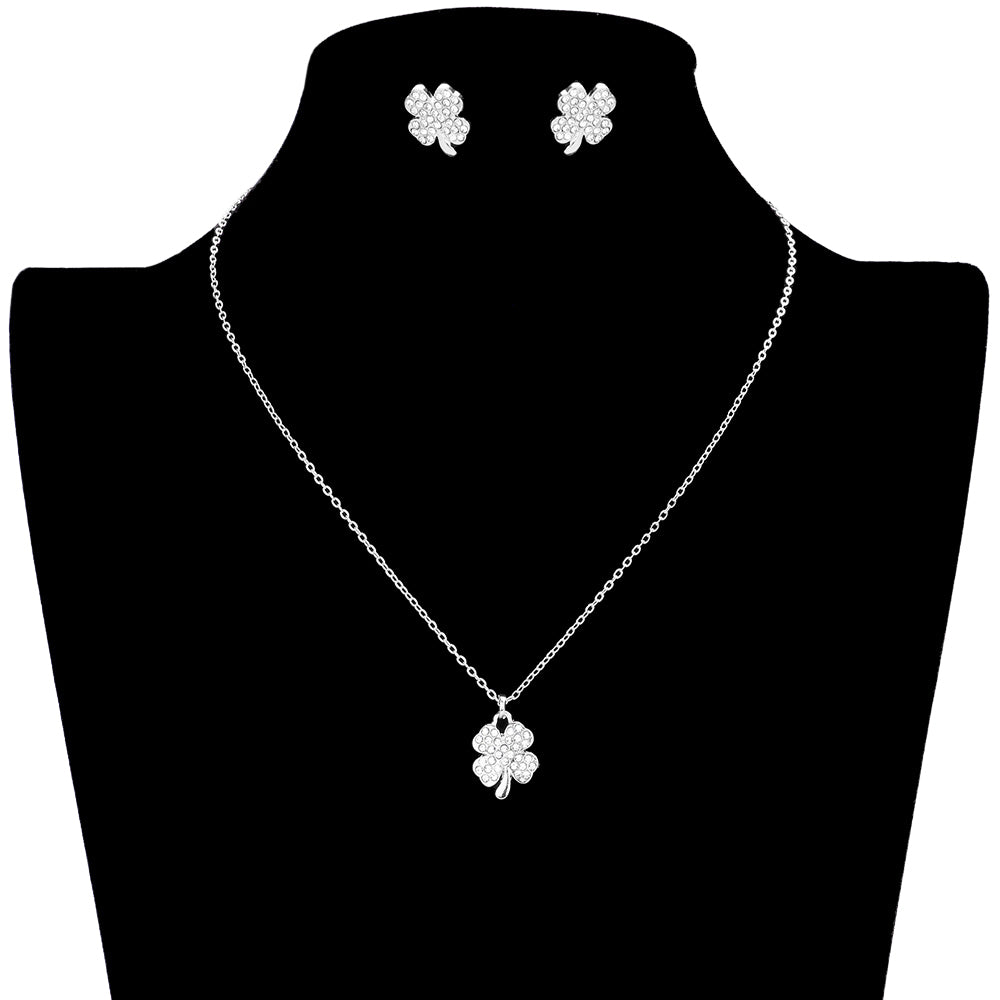 Rhodium Rhinestone Embellished Clover Pendant Necklace, is perfect to accent your love for the Irish while wearing this beautiful jewelry set. The luck of St. Patrick's Day will be with you this year with these beautiful clover jewelry sets. These cute stone-embellished jewelry sets are the perfect accessory to finish off any festive look. This necklace will be fit for St. Patrick's Day parties, night parties, and carnivals.