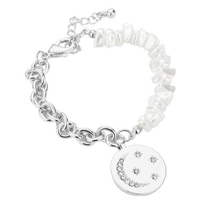 Rhodium Rhinestone Embellished Crescent Moon Star Metal Disc Charm Pearl Bracelet, Get ready with these Pearl Bracelet, put on a pop of color to complete your ensemble. Perfect for adding just the right amount of shimmer & shine. Perfect Birthday Gift, Anniversary Gift, Mother's Day Gift, Graduation Gift.