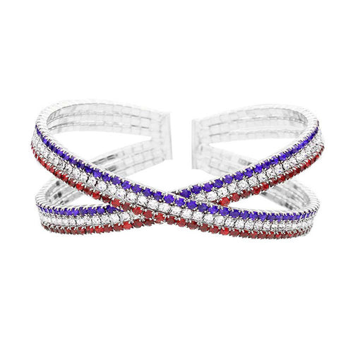 Rhinestone Embellished Crisscross Cuff Evening Bracelet - Rhodium