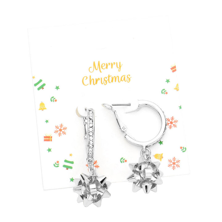 Rhodium Rhinestone Embellished Hoop Metal Christmas Bow Dangle Earrings. Beautifully crafted design adds a gorgeous glow to any outfit. Jewelry that fits your lifestyle! Perfect Birthday Gift, Anniversary Gift, Mother's Day Gift, Anniversary Gift, Graduation Gift, Prom Jewelry, Just Because Gift, Thank you Gift.