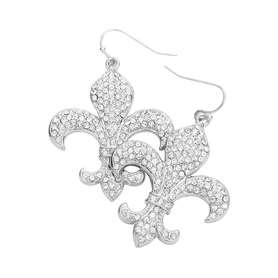 Rhodium Rhinestone Embellished Metal Fleur de Lis Dangle Earrings, are beautifully crafted earrings that dangle on your earlobes with a perfect glow to make you stand out and show your unique and beautiful look on Fleur de Lis. Put on a pop of color to complete your ensemble stylishly with these Fleur de Lis-themed earrings. Highlight your appearance and grasp everyone's eye at any place.