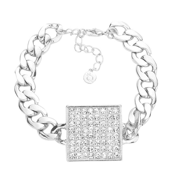 Rhodium Rhinestone Embellished Square Pendant Metal Link Bracelet. These Metal bracelets are easy to put on, take off and so comfortable for daily wear. Pair these with tee and jeans and you are good to go. It will be your new favorite go-to accessory. Perfect Birthday gift, friendship day, Mother's Day, Graduation Gift.