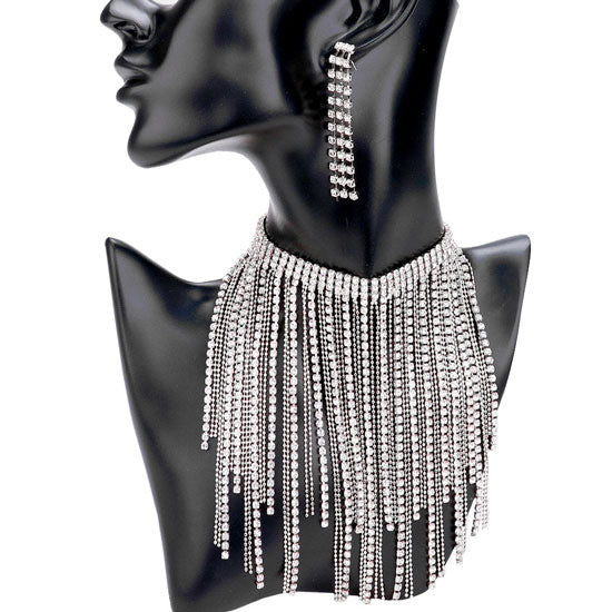 Rhodium Rhinestone Fringe Bib Choker Necklace. This magnificent wide bib choker will show a unique and gorgeous look with its open wide design. Give it to the loved one, or treat yourself for a trendy necklace style. You'll look and feel great with this fashion collar! Pair this choker with any ensemble for a polished look, adds a gorgeous stylish glow to any outfit style, jewelry that fits your lifestyle! Fabulous gift, ideal for your loved one or yourself.