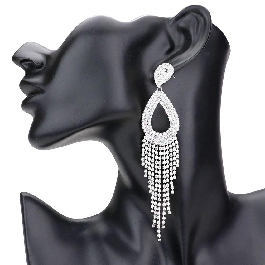 Rhodium Rhinestone Pave Fringe Teardrop Evening Earrings, completed the appearance of elegance and royalty to drag the attention of the crowd on special occasions. Excellent to wear at wedding showers, parties, graduation, etc to show your royalty and trendy choice. Perfect for birthdays, anniversaries, or graduation gifts.
