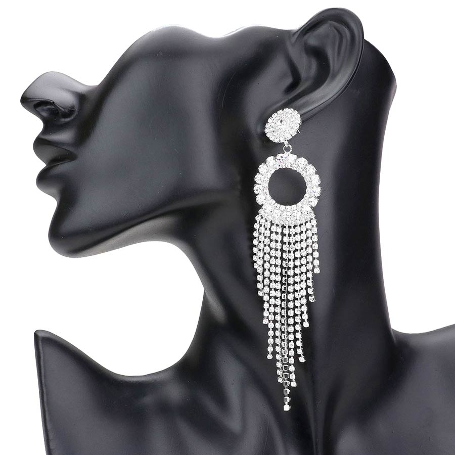 Rhodium Rhinestone Pave Open Circle Fringe Evening Earrings, completed the appearance of elegance and royalty to drag the attention of the crowd on special occasions. Excellent to wear at weddings, parties, graduation, etc. to show your royalty and trendy choice. Perfect for birthdays, anniversaries, or graduation gifts.