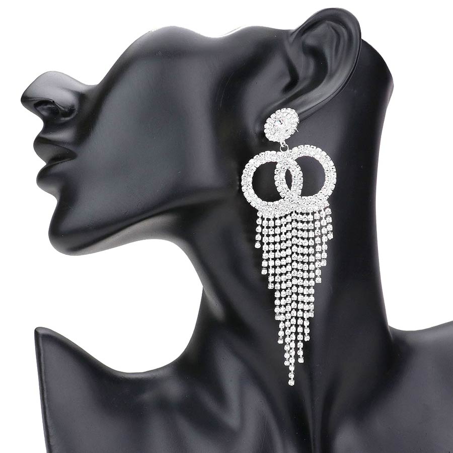 Rhodium Rhinestone Pave Open Double Circle Fringe Evening Earrings, completed the appearance of elegance and royalty to drag the attention of the crowd on special occasions. Excellent to wear at weddings, parties, graduation, etc. to show your royalty and trendy choice. Perfect for birthdays, anniversaries, or graduation gifts