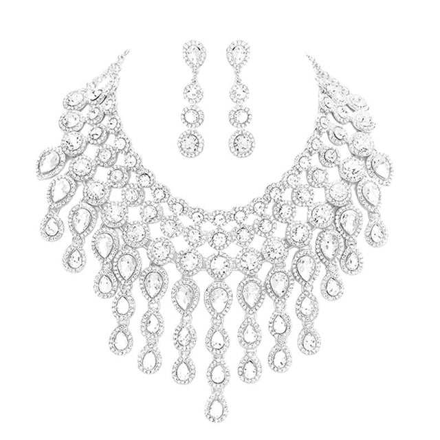Rhodium Round Teardrop Stone Cluster Evening Bib Necklace, This gorgeous jewelry set will show your class on any special occasion. The elegance of these stones goes unmatched, great for wearing at a party! stunning jewelry set will sparkle all night long making you shine like a diamond on special occasions. Perfect jewelry to enhance your look and for wearing at parties, weddings, date nights, or any special event.
