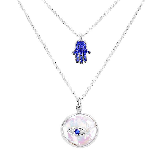 Rhodium Sapphire Evil Eye Pendant Rhinestone hamsa hands Layered Necklace, put on a pop of color to complete your ensemble. Beautifully crafted design adds a gorgeous glow to any outfit. Perfect Birthday Gift, Anniversary Gift, Mother's Day Gift, Prom Jewelry, Just Because Gift, Thank you Gift.