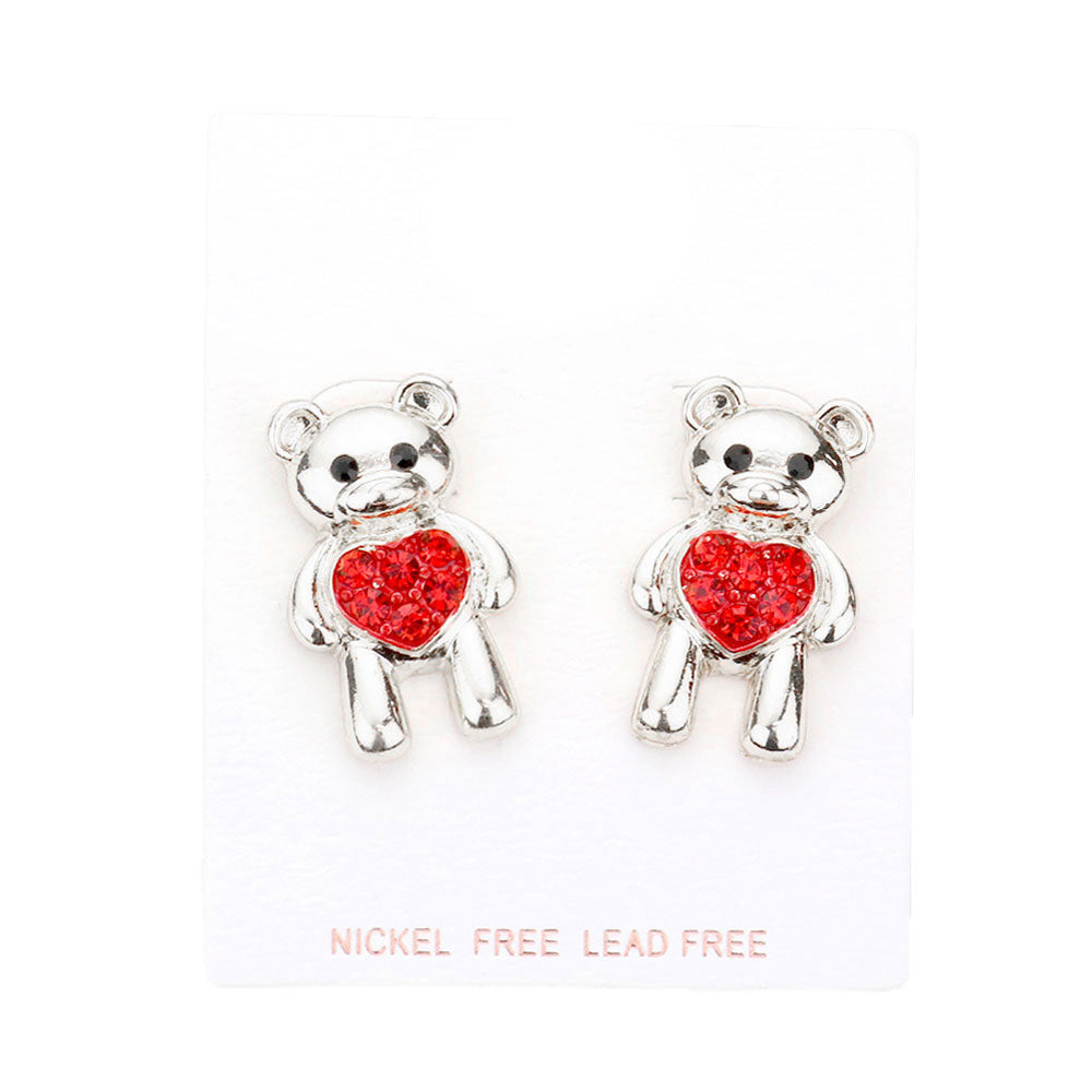 Rhodium Stone Embellished Heart Metal Bear Earrings. Look like the ultimate fashionista with these Earrings! Add something special to your outfit this Valentine! special It will be your new favorite accessory. Perfect Birthday Gift, Anniversary Gift, Mother's Day Gift, Graduation Gift, Valentine's Day Gift.