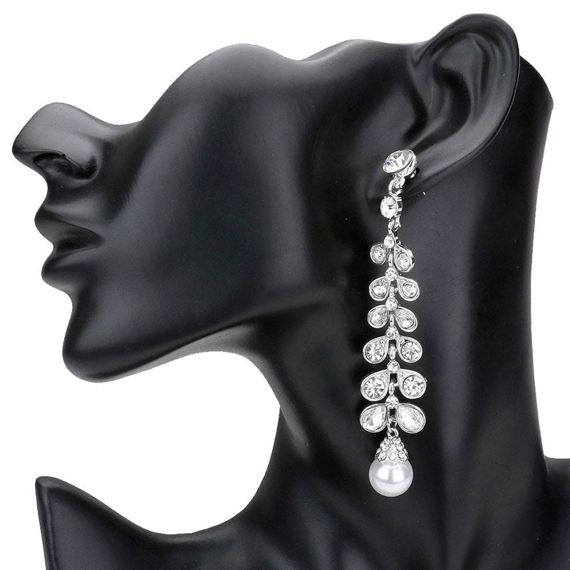 Rhodium Stone Embellished Leaf Pearl Link Dangle Evening Earrings, complete the appearance of elegance and royalty to drag the attention of the crowd on special occasions with these stone embellished leaf pearl dangle earrings. The beautifully crafted design adds a gorgeous glow to any outfit to make you stand out and more confident. Perfect jewelry gift to expand a woman's fashion wardrobe with a modern, on-trend style. 