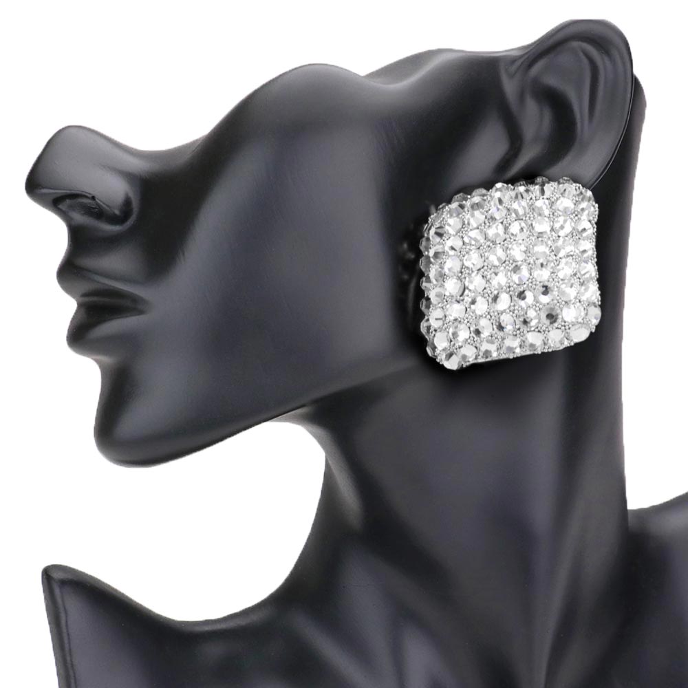 Rhodium Stone Embellished Rhombus Earrings, elegance becomes you in these shiny glamorous stone embellished earrings. The perfect sparkling accessory to add sophisticated luxe and a touch of perfect class to your next social event. Coordinate these rhombus earrings with any ensemble from business casual wear. Coordinate every outfit with beauty and gorgeousness. Stay classy!