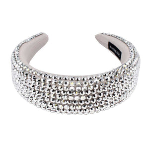 Rhodium Studded Padded Headband, sparkling placed on a wide padded headband making you feel extra glamorous especially when crafted from padded beaded headband . Push back your hair with this pretty plush headband, spice up any plain outfit! Be ready to receive compliments. Be the ultimate trendsetter wearing this chic headband with all your stylish outfits! 
