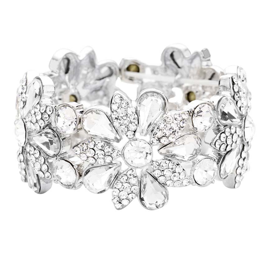Rhodium Teardrop Stone Accented Flower Stretch Evening Bracelet, is the perfect reflection of absolute royalty and perfect class that will amp up your look and drags everyone's attention on special occasions. Show your confidence and trendy choice with this beauty and complete your ensemble with a luxurious look. Perfect for adding just the right amount of shimmer & shine and a touch of class to special events.