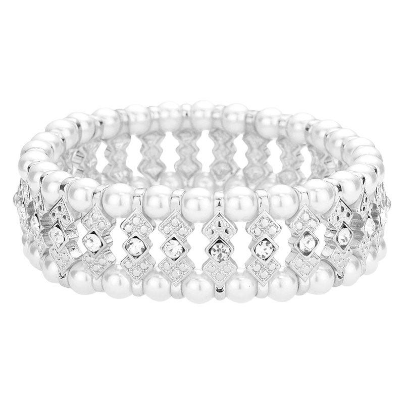 Rhodium White Crystal Rhinestone Pearl Stretch Bracelet. Stunning Pearl bracelet is sure to get you noticed, adds a gorgeous glow to any outfit. Cute pearl stretch and subtle sleek style, just what you need to update your wardrobe. perfect for a night out on the town or a black tie party, ideal for Special Occasion, Prom or an Evening out. Awesome gift for birthday, Anniversary, Valentine’s Day or any special occasion, Thank you Gift.