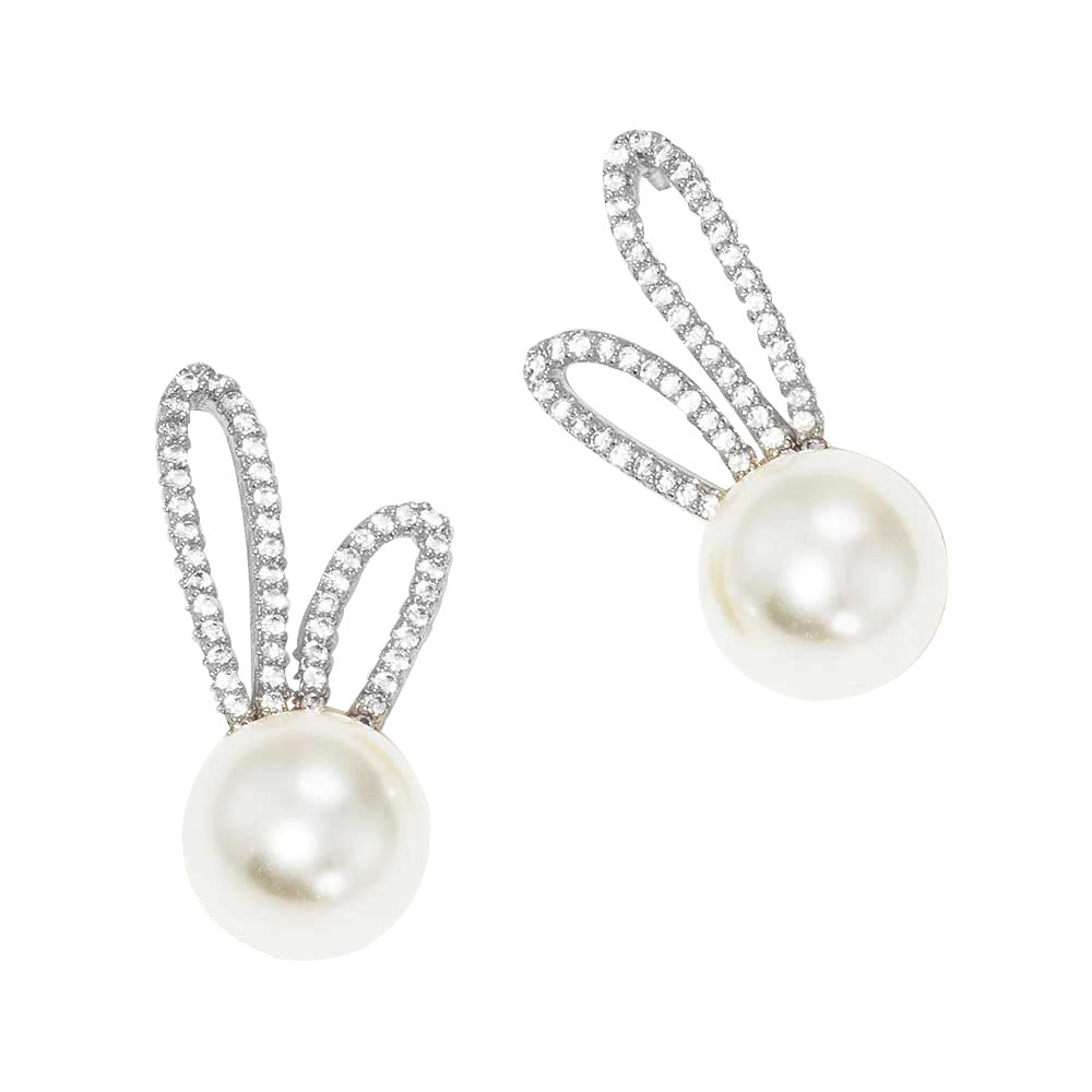 Rhodium White Dipped CZ Pearl Rabbit Stud Earrings, ideal for parties, weddings, graduation, holidays, pair these stud back earrings, add just the right amount of shine and you’ve got a look that’s polished to perfection. These earrings pair perfectly with any ensemble from business casual, to night out on the town or a black tie party.