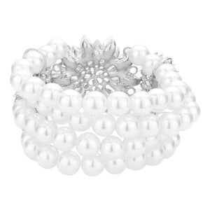 Rhodium White Flower Stone Embellished Pearl Stretch Bracelet. Get ready with these flower themed Bracelet, put on a pop of color to complete your ensemble. Perfect for adding just the right amount of shimmer & shine and a touch of class to special events.  just what you need to update your wardrobe .Perfect Birthday Gift, Anniversary Gift, Mother's Day Gift, Mom Gift, Thank you Gift, Just Because Gift, Daily Wear.