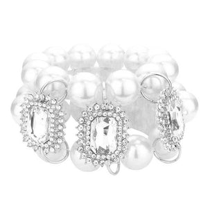 Rhodium White Glass Stone Accented Pearl Stretch Bracelet. This pearl stretch Bracelet sparkles all around with it's surrounding glass stones, stylish evening bracelet that is easy to put on, take off and comfortable to wear. It looks stylish and is just the right touch to set off your dress. Suitable for Night Out, Party, Formal, Special Occasion, Date Night, Prom.