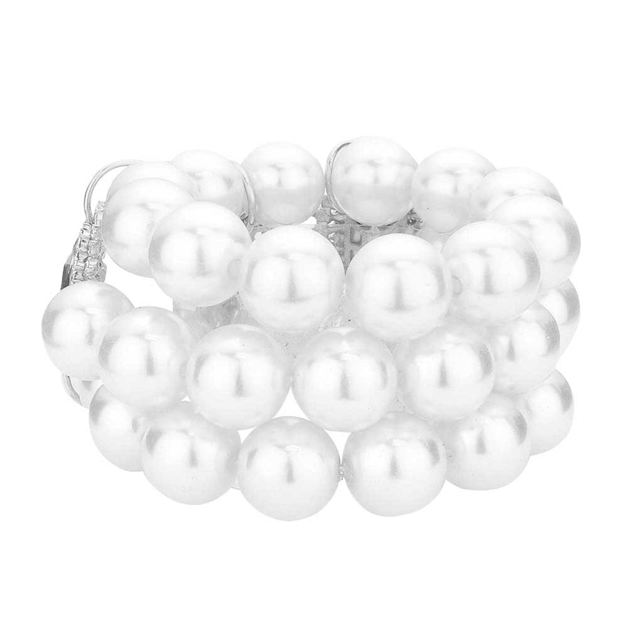 Rhodium White Glass Stone Accented Pearl Stretch Bracelet. This pearl stretch Bracelet sparkles all around with it's surrounding glass stones, stylish evening bracelet that is easy to put on, take off and comfortable to wear. It looks stylish and is just the right touch to set off your dress. Suitable for Night Out, Party, Formal, Special Occasion, Date Night, Prom.