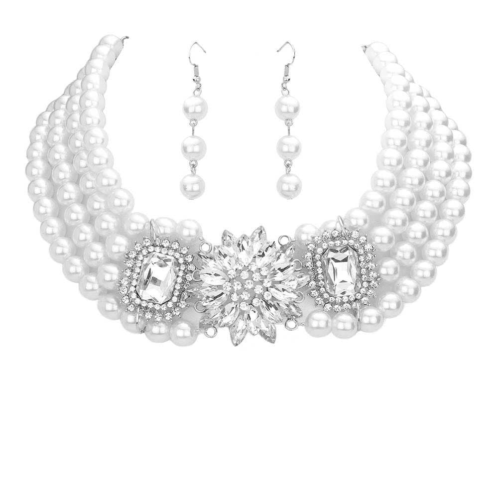 Rhodium White Marquise Flower Rhinestone Pave Accented Pearl Necklace. Get ready with these beautiful statement pearl necklace, will bring a lovely put on a pop of color to your look. Bright enhancement and floral design will coordinate with any ensemble from business casual to  wear. The beautiful combination of Flower themed necklace are the perfect gift for the women in your lives who love flower.