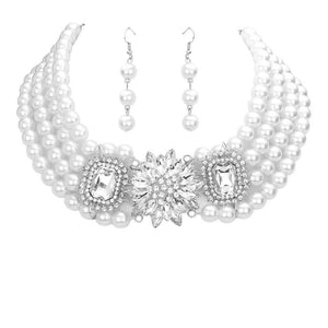 Rhodium White Marquise Flower Rhinestone Pave Accented Pearl Necklace. Get ready with these beautiful statement pearl necklace, will bring a lovely put on a pop of color to your look. Bright enhancement and floral design will coordinate with any ensemble from business casual to  wear. The beautiful combination of Flower themed necklace are the perfect gift for the women in your lives who love flower.
