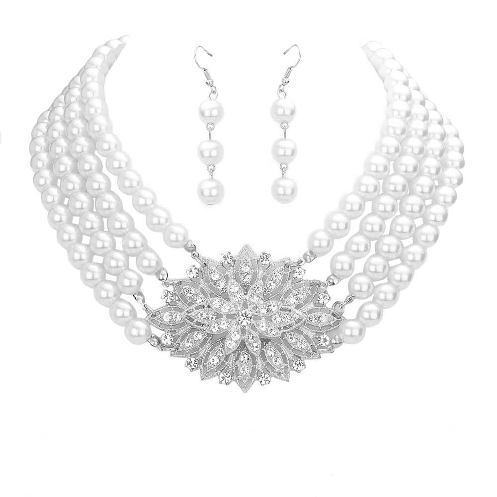 Rhodium White Rhinestone Pave Flower Accented Pearl Necklace, stunning jewelry set will sparkle all night long making you shine out like a diamond. simple sophistication makes a standout addition to your collection designed to accent the neckline adds a gorgeous stylish glow to any outfit style, jewelry that fits your lifestyle! Perfect Birthday Gift, Valentine's Day Gift, Anniversary Gift, Mother's Day Gift, Just Because Gift.