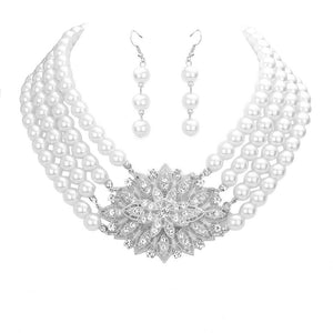 Rhodium White Rhinestone Pave Flower Accented Pearl Necklace, stunning jewelry set will sparkle all night long making you shine out like a diamond. simple sophistication makes a standout addition to your collection designed to accent the neckline adds a gorgeous stylish glow to any outfit style, jewelry that fits your lifestyle! Perfect Birthday Gift, Valentine's Day Gift, Anniversary Gift, Mother's Day Gift, Just Because Gift.
