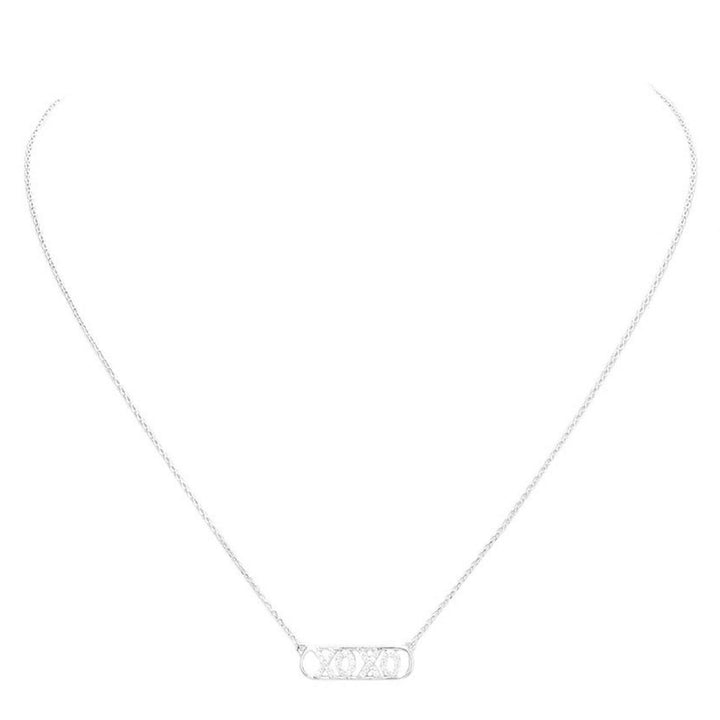 Rhodium Xoxo Brass Metal Rhinestone Embellished Message Pendant Necklace, Get ready with these Pendant Necklace, put on a pop of color to complete your ensemble. Perfect for adding just the right amount of shimmer & shine and a touch of class to special events. Perfect Birthday Gift, Anniversary Gift, Mother's Day Gift, Valentine's Day Gift.