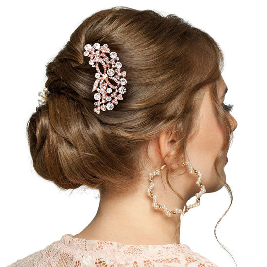 Rose Gold Stone Embellished Bow Shamrock Hair Comb. Vintage Hair Piece with glossy rhinestone and elegant artificial pearls,makes your hair pretty exquisite and eye-catching, creating a subtle feminine accent for your bridal hairstyle• Hair Comb is a delicate head collection for wedding, engagement, party, festival and other occasion,will add atmosphere to your special time.