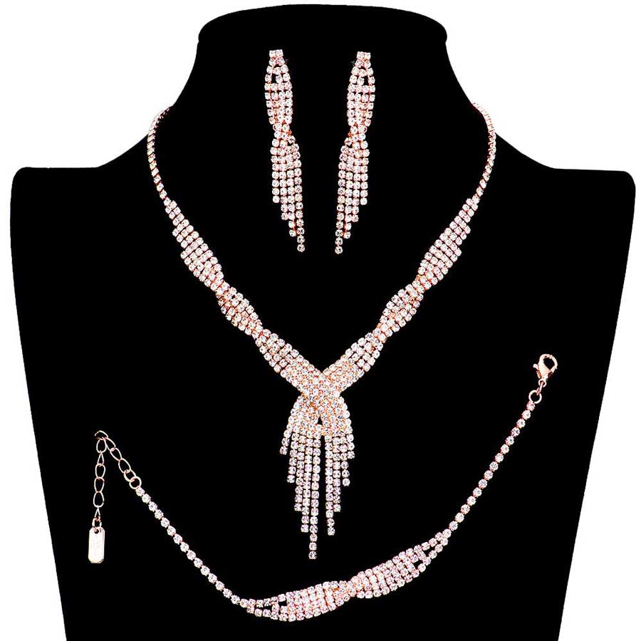 Rose Gold 3PCS Rhinestone Crystal Fringe Necklace Jewelry Set, These gorgeous Rhinestone 3 pieces jewelry will show your class on any special occasion. The elegance of these rhinestones goes unmatched, great for wearing at a party! Perfect for adding just the right amount of glamour and sophistication to important occasions. These classy fringe themed necklaces are perfect for parties, Weddings, and Evenings. Awesome gift for birthdays, anniversaries, Valentine’s Day, or any special occasion.