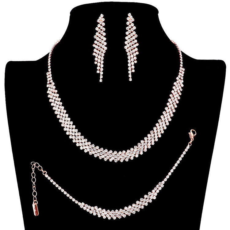 Rose Gold 3PCS Rhinestone Pave Bubble Crystal Evening Necklace Set, Flaunt your wild side with gorgeousness with this Crystal necklace which is sure to brighten up your everyday looks and appearance on special occasions.  Coordinate with any ensemble from business casual to wear to make others wow with your stunning look. The perfect addition to every outfit. Adds a touch of royalty-inspired beauty to your look. Stay gorgeous!